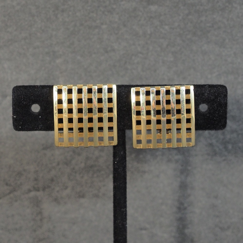 Avon Clip On Earrings Gold Tone Geometric Checkerboard Basketweave Square Grid